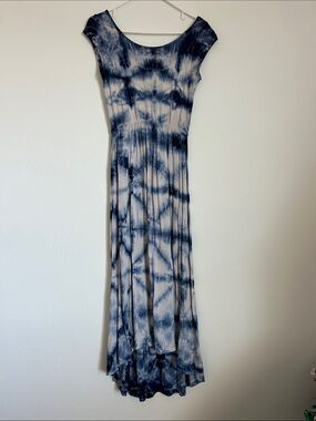 Tie-Dye Navy and White Maxi Dress - Sleeveless Boatneck